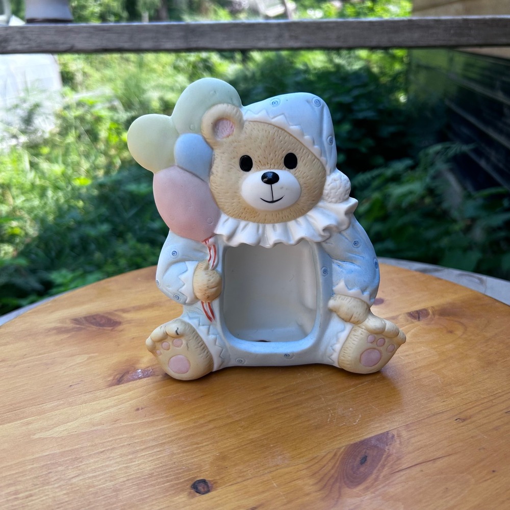 Vintage Bear Figurine Photo Frame Blue Porcelain Nursery Kitsch Decor Berco